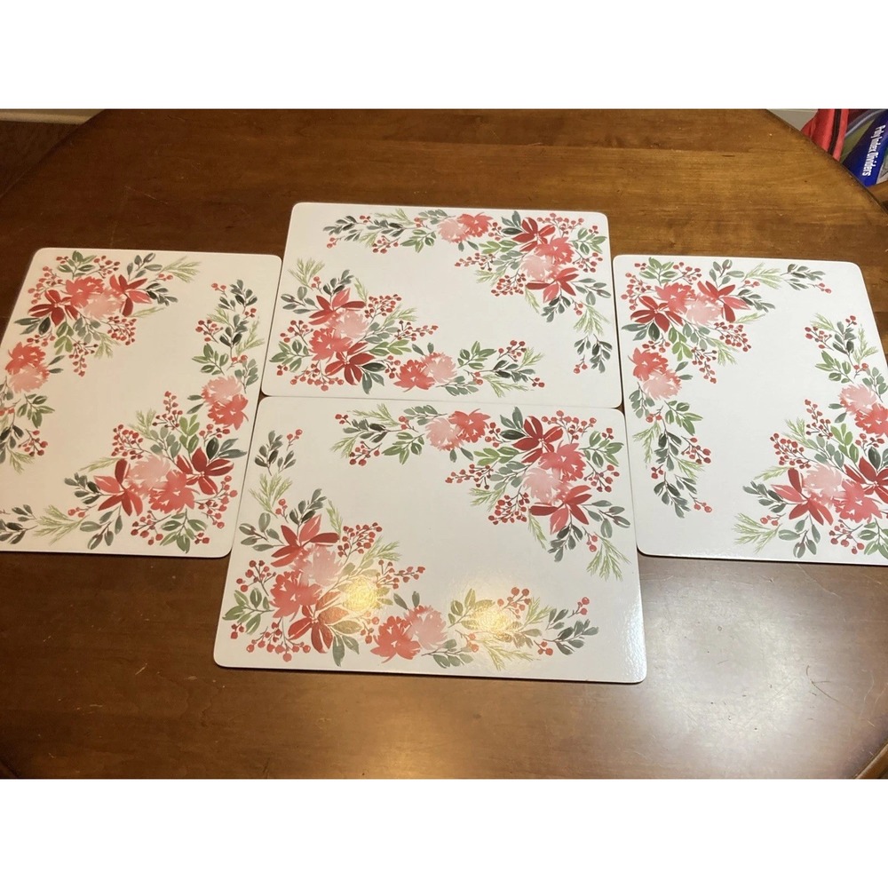Set Of 4 KAF Holiday Holly Cork Backed Placemats Red Poinsettias Watercolor Look